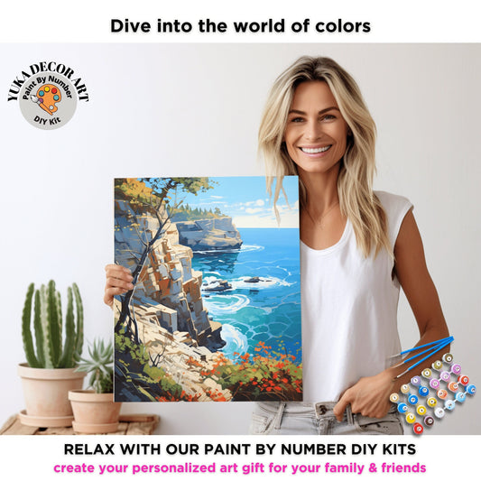 Rocky Seascape PAINT by NUMBER Adult Kit , Scenic Coastal Art Easy Beginner Acrylic Painting DIY Kit Art Gift For Grandma
