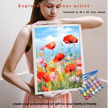 Poppy Flowers PAINT by NUMBER Kit for Adults Mountain Landscape Painting Easy Beginners Paint DIY Kit Wall Art Birthday Gift Mom Girlfriend