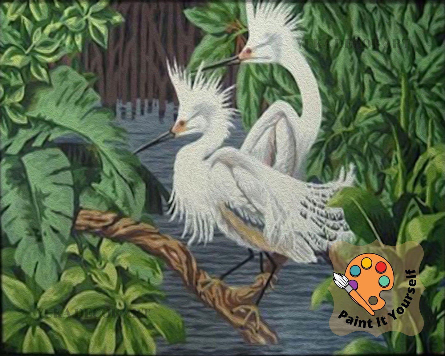 Vintage Style White Egret Birds PAINT by NUMBER Adult , Tropical Birds In Lake  ,  Easy Beginner Acrylic Canvas DIY Painting Kit