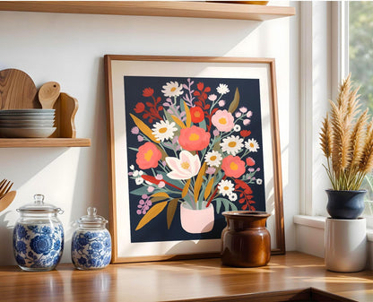 a picture of a vase of flowers on a shelf