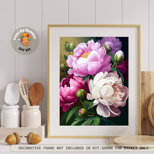 Pink Floral Paint by Numbers Adult White Pink Peony Flowers Painting Easy Beginner Paint DIY Kit Personalised Art Decor Gift For Mom Aunt