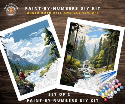 Fishing Man Vintage Style PAINT by NUMBER Kit Adult , Mountain River Forest Scenic DIY Art , Easy Acrylic Paint Kit, Christmas Gift for Dad