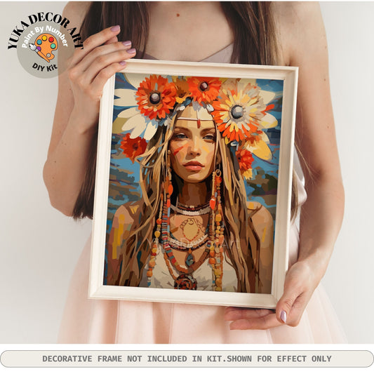 Boho Flower Girl PAINT by NUMBERS DIY Kit for Adults Colorful Vibrant Style Easy Beginner Painting Kit Home Decor Wall Art Gift Housewarming