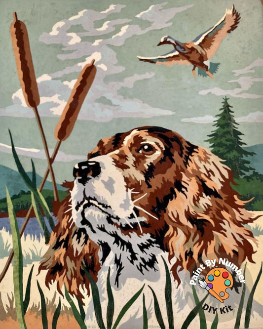 Dog Vintage PAINT by NUMBERS for Adult, Dog in Farm, Flying bird  , Easy Beginner Acrylic Painting  Kit,Vintage Kitschy Decor Gift
