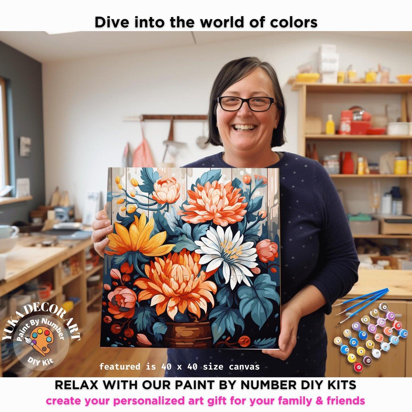 Flowers PAINT by NUMBER Kit Adult, Kitchen Wall Art , Floral Art Kit ,Easy Beginner Acrylic Diy Painting | Bday Gift for Wife Girlfriend Mom