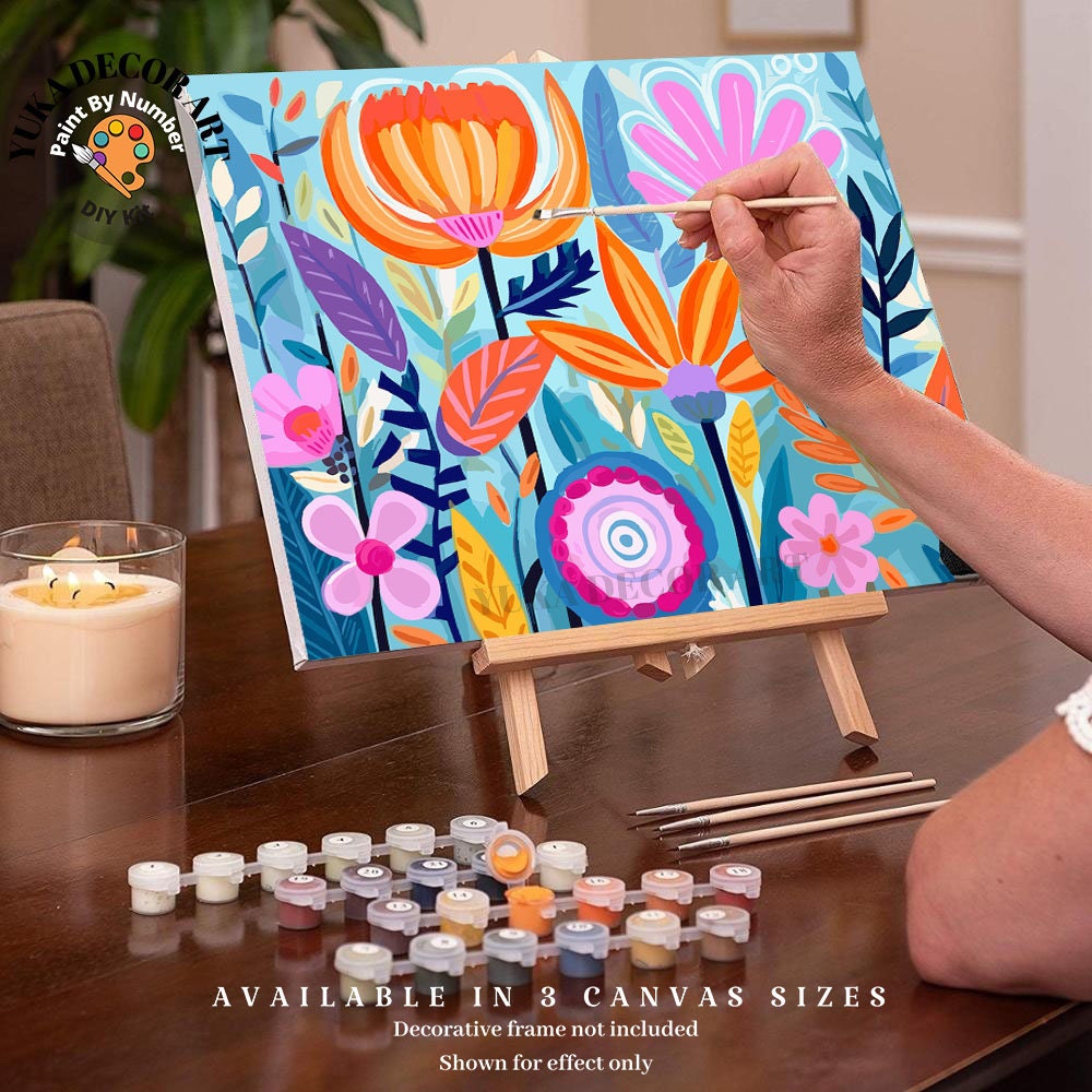 DIY Flowers PAINT by NUMBER Kit for Adults Modern Boho Whimsical Art Easy Beginner Acrylic Paint Custom Wall Art Custom Canvas Gift for Mom