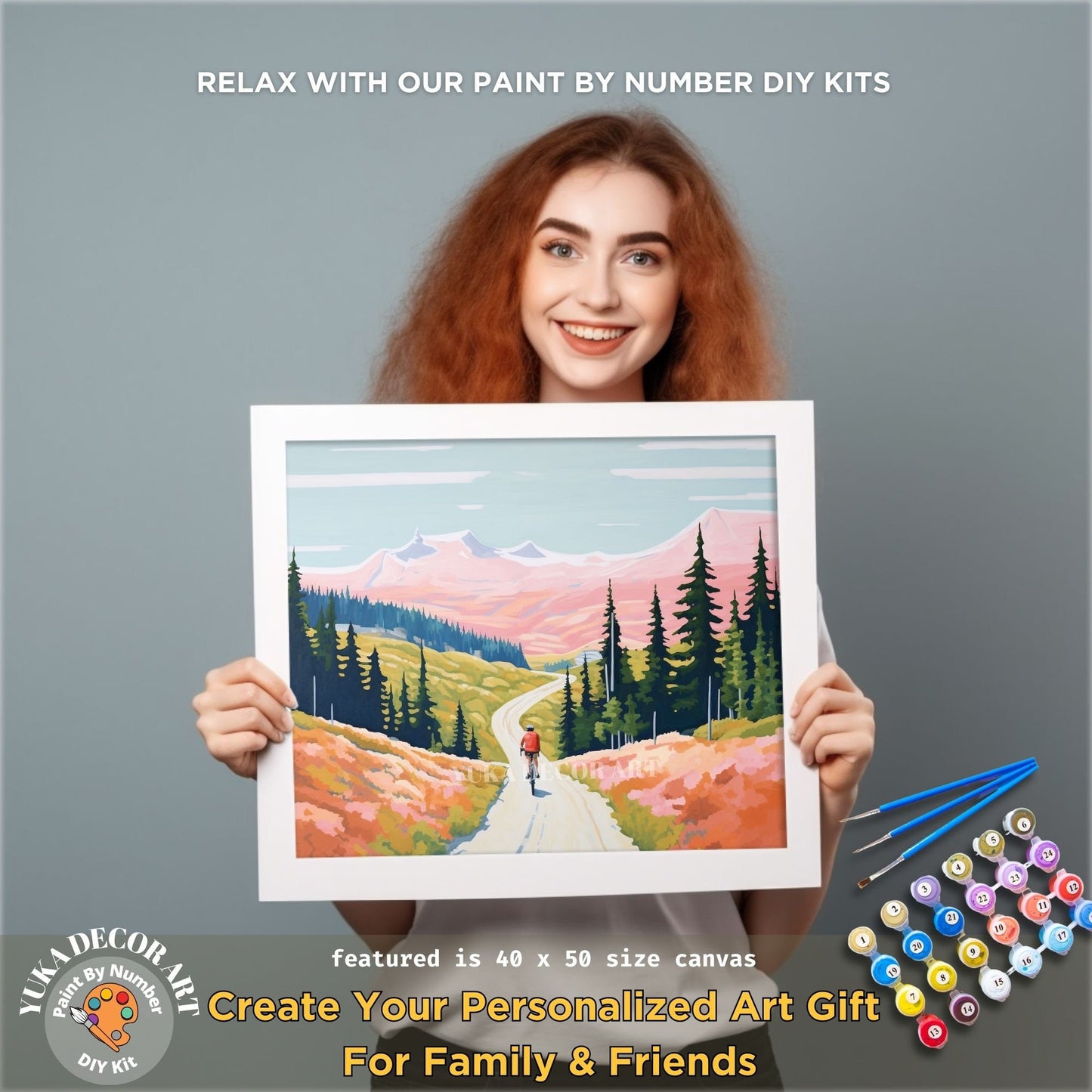 Minimalist Mountain PAINT by NUMBERS DIY Kit Adult Cyclist In Valley Landscape Art Easy Beginner Painting Birthday Custom Gift Girlfriend