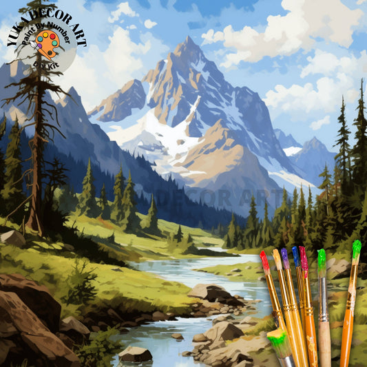Mountain PAINT by NUMBER Kit Adult Stream River Landscape Vintage Style National Park Easy Beginner Acrylic Painting DIY Kit Home Decor Gift