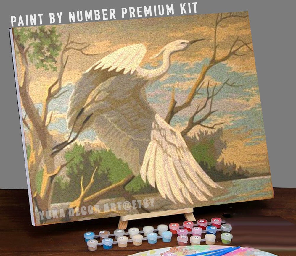 Vintage PAINT by NUMBER Kit Adult , White Egret Bird, DIY Vintage 1960s Style Paint Kit ,  Beginner Acrylic Canvas Painting Kit