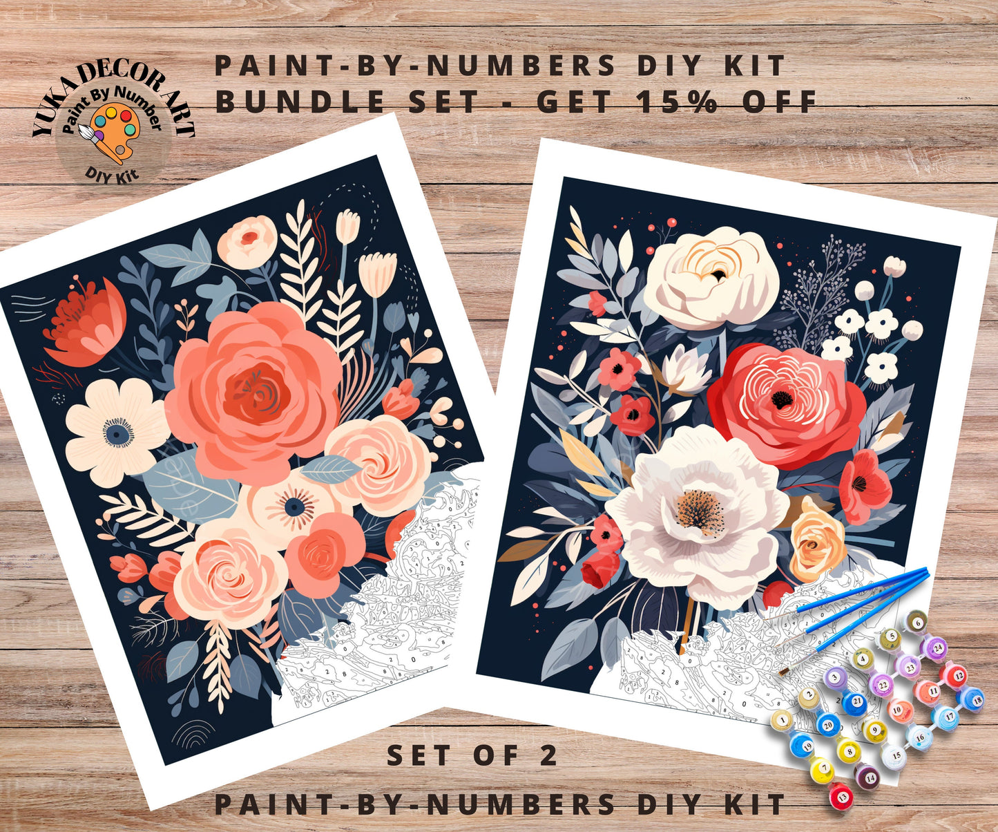 Whimsical flowers PAINT by NUMBER Kit Adults | Set Of 2 | Modern Flowers DIY Painting Easy Beginners Hobby Kit Wall Art Decor Birthday Gift
