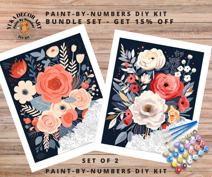 Whimsical flowers PAINT by NUMBER Kit Adults | Set Of 2 | Modern Flowers DIY Painting Easy Beginners Hobby Kit Wall Art Decor Birthday Gift