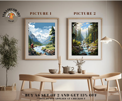 Fishing Man Vintage Style PAINT by NUMBER Kit Adult , Mountain River Forest Scenic DIY Art , Easy Acrylic Paint Kit, Christmas Gift for Dad