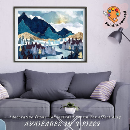 Blue Mountain Abstract PAINT by NUMBER Kit for Adults , Sunrise Scene ,Easy DIY Beginners Acrylic Paint Kit ,Living Bedroom Wall Art Decor