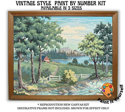 Countryside Lake Vintage Style PAINT by NUMBER Kit Adult, Mountain Forest Scenery , Beginner Acrylic Painting DIY Kit, Mom Christmas Gift
