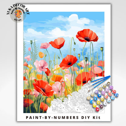 Poppy Flowers PAINT by NUMBER Kit for Adults Mountain Landscape Painting Easy Beginners Paint DIY Kit Wall Art Birthday Gift Mom Girlfriend