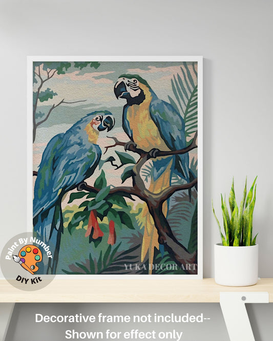 Blue Macaw Bird Vintage PAINT by NUMBER Kit | Adult DIY Painting Kit Birds In Lake  , Easy Beginner Oil Painting,Vintage Art Decor Gift