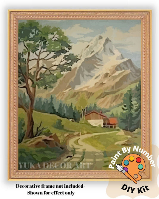 Vintage Style Art PAINT by NUMBER Kit Adult, Mountain Valley Farmhouse Scene  , Easy Beginner Acrylic Painting DIY Kit,Home Decor Gift