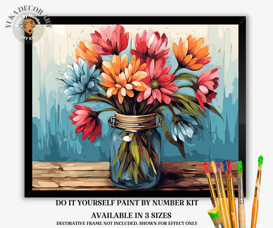 Floral PAINT by NUMBERS Kit Adults Flowers In Mason Jar Rustic Bouquet DIY Painting Easy Beginners Canvas Wall Art Birthday Gift Mom Wife