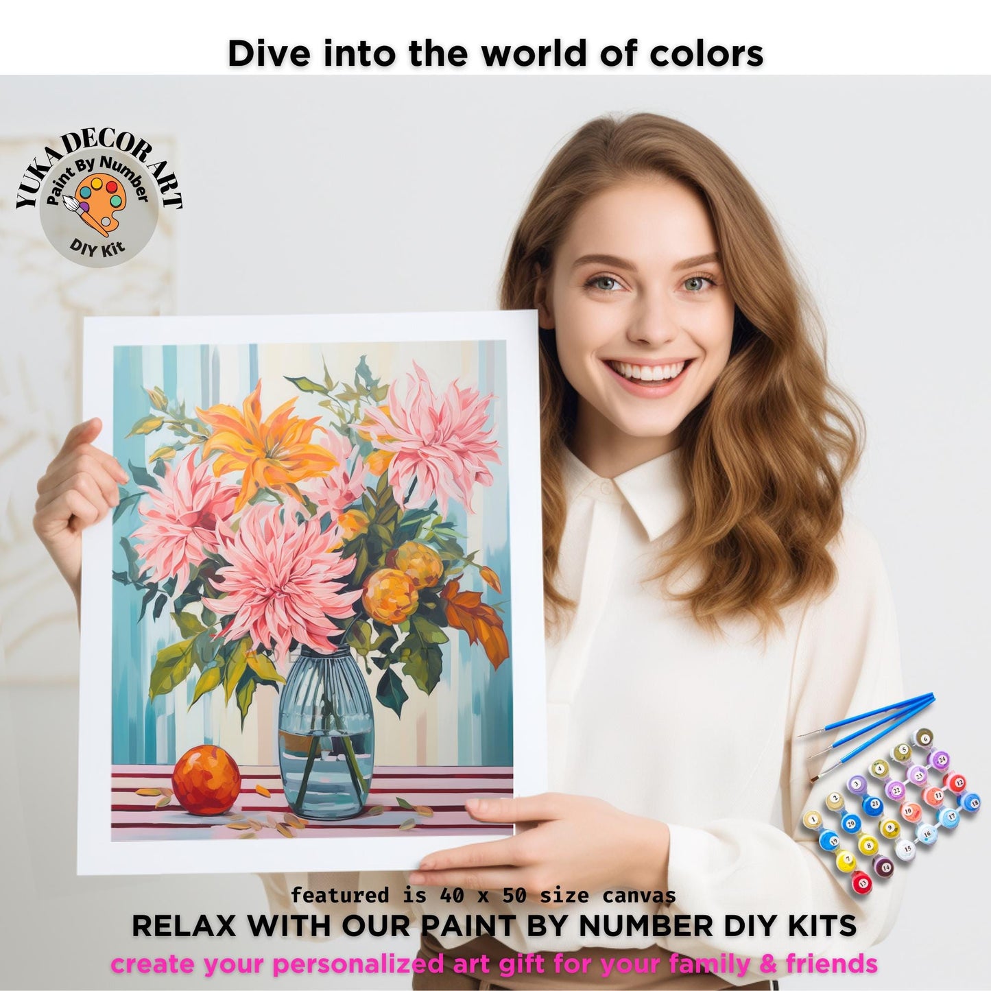 Dahlia Flower PAINT by NUMBER Adult Kit ,Easy Beginner Acrylic Floral Painting DIY Kit Color By Number Floral Art Bday Gift For Mom Grandma