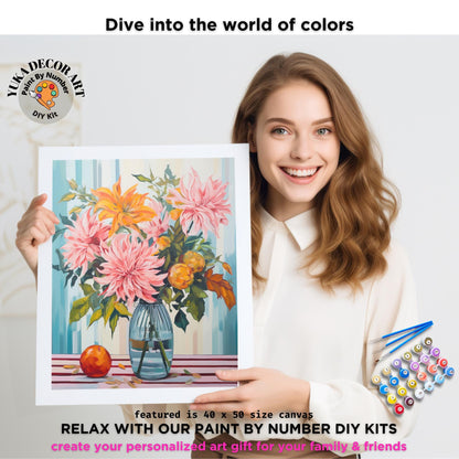 Dahlia Flower PAINT by NUMBER Adult Kit ,Easy Beginner Acrylic Floral Painting DIY Kit Color By Number Floral Art Bday Gift For Mom Grandma