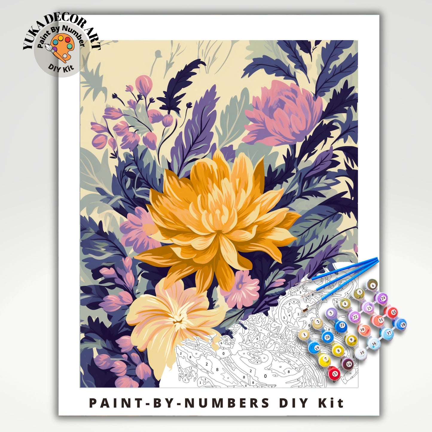 PAINT by NUMBER Kit Adult Dahlia Flowers Vintage Whimsical Pastel Wall Art Easy Beginner Acrylic Paint DIY Kit Mom Dad Gift