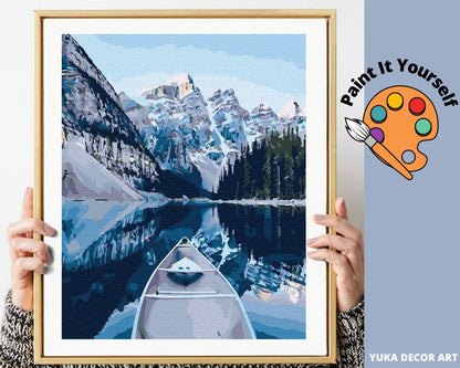 Mountain Canoe PAINT by NUMBER Kit for Adults ,Winter Lake, Easy DIY Beginners Acrylic Paint Kit , Bedroom Wall Art Decor Gift