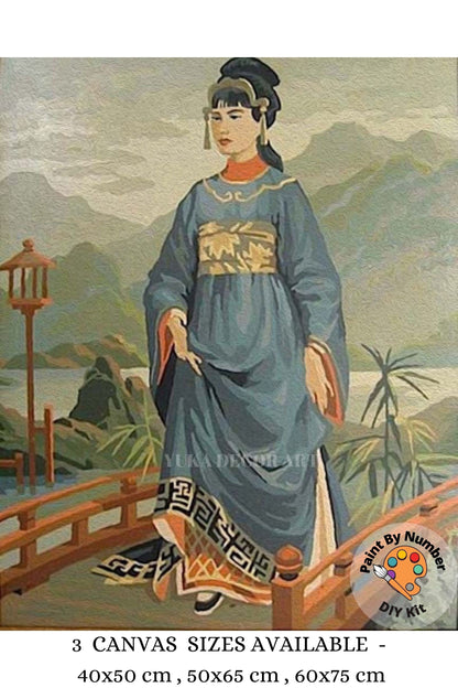 Oriental Woman PAINT by NUMBER Kit Adult , Vintage Style Painting, Japanese Garden Landscape , Easy DIY Beginners  Painting Kit , Mom Gift