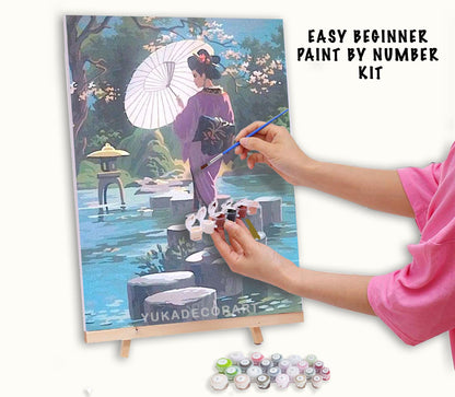 Geisha Woman Vintage PAINT by NUMBER Kit Adult , Girl With Umbrella, Japanese Garden Landscape , Easy DIY Beginners  Painting Kit , Mom Gift