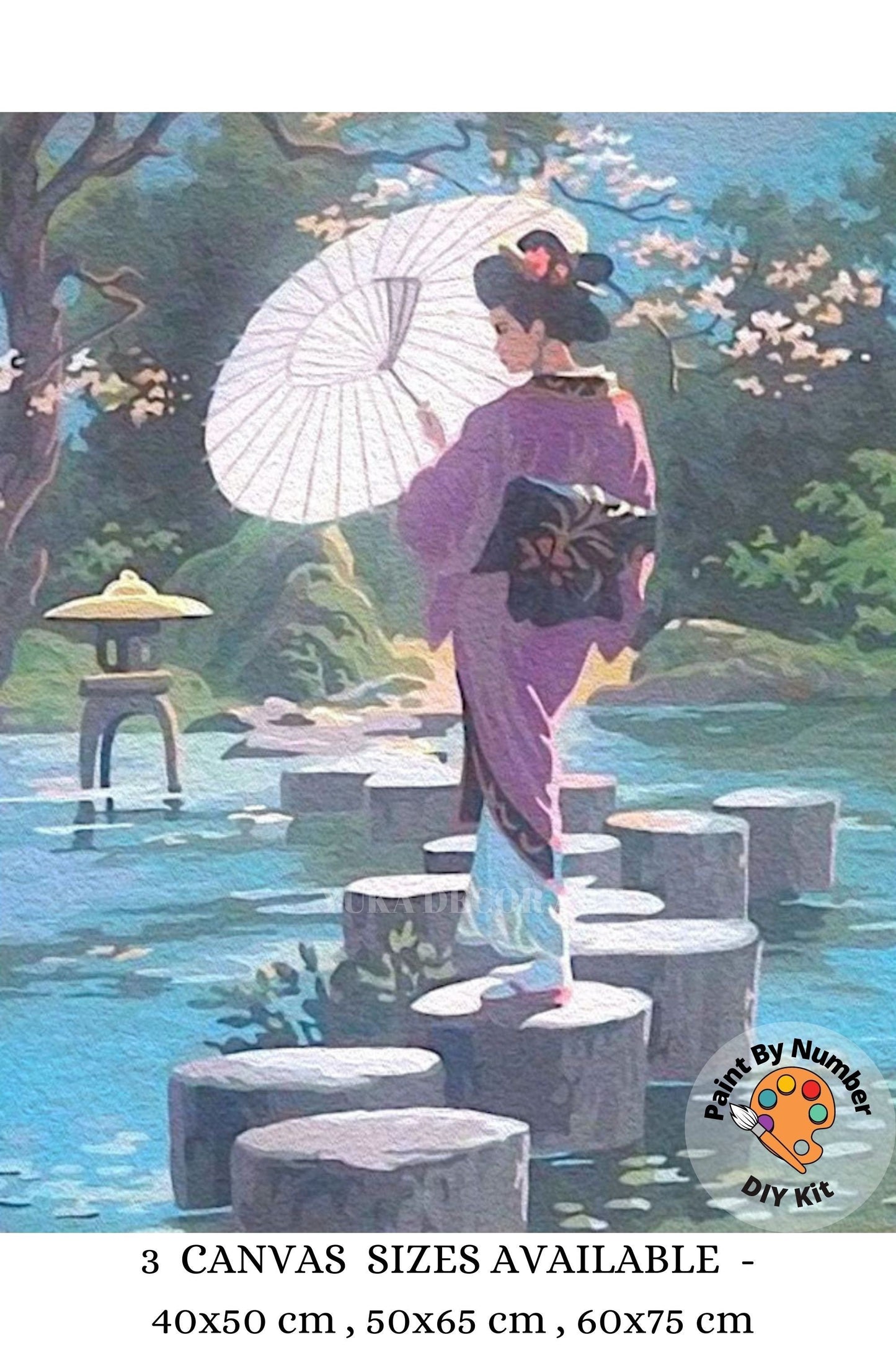 Geisha Woman Vintage PAINT by NUMBER Kit Adult , Girl With Umbrella, Japanese Garden Landscape , Easy DIY Beginners  Painting Kit , Mom Gift
