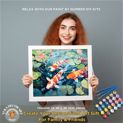 Koi Fish PAINT by NUMBER Kit Adult Asian Tropical Plants Fish Pond Minimalist Zen Art Easy Beginner Oil Painting DIY Kit Gift For Mom Dad