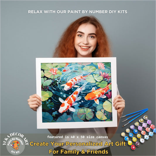 Koi Fish PAINT by NUMBER Kit Adult Asian Tropical Plants Fish Pond Minimalist Zen Art Easy Beginner Oil Painting DIY Kit Gift For Mom Dad