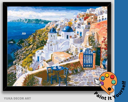 Santorini PAINT by NUMBER Kit for Adults  Beginner, DIY Art Kit, Greece Holiday , Acrylic Painting Kit , Wall Art Decor
