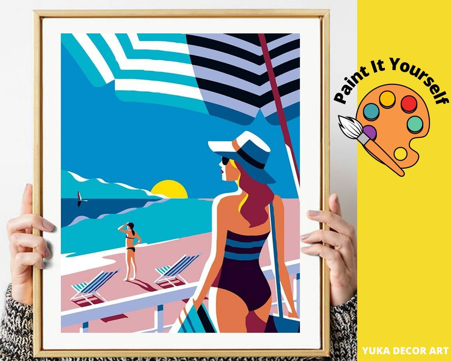 Chic Woman PAINT by NUMBER Kit for Adults ,Beach Holiday , Easy DIY Beginners Acrylic Paint Kit , Bedroom Wall Art Decor Gift