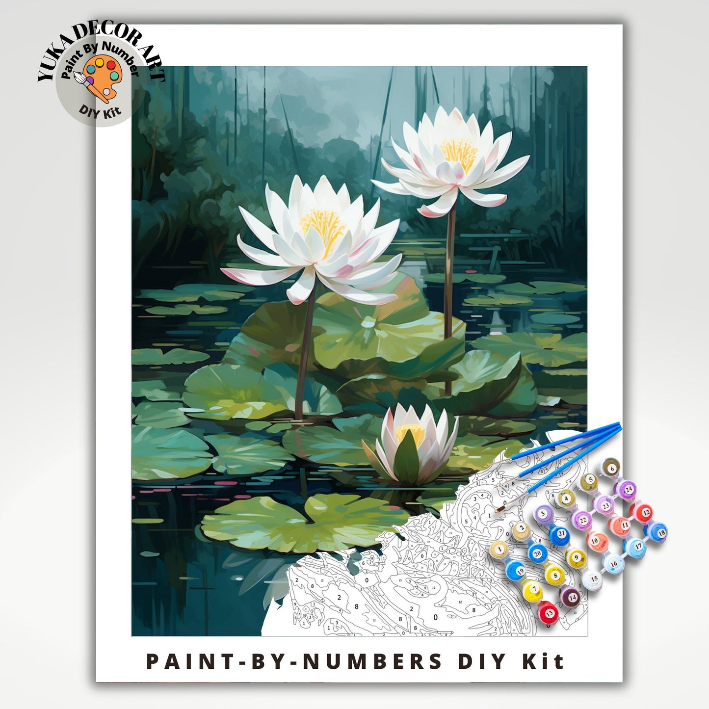 Floral PAINT by NUMBER Kit Adult White Lilies Lake Flowers DIY Painting Easy Beginners Paint Kit Nature Garden Lover Gift For Mom Girlfriend
