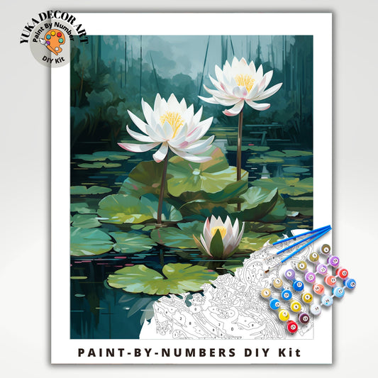 Floral PAINT by NUMBER Kit Adult White Lilies Lake Flowers DIY Painting Easy Beginners Paint Kit Nature Garden Lover Gift For Mom Girlfriend