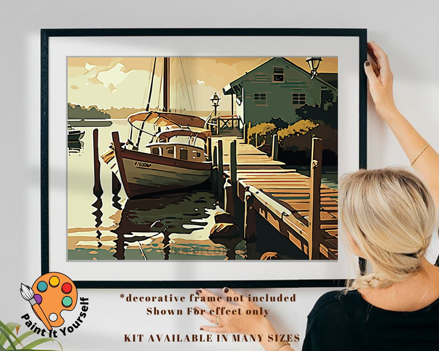 60's style PAINT by NUMBER Kit for Adult ,Boat Pier Rustic Boathouse on Sea,Sunset Sky , Easy Beginner Acrylic Painting Kit,Home Decor Gift