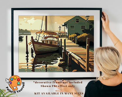 60's style PAINT by NUMBER Kit for Adult ,Boat Pier Rustic Boathouse on Sea,Sunset Sky , Easy Beginner Acrylic Painting Kit,Home Decor Gift