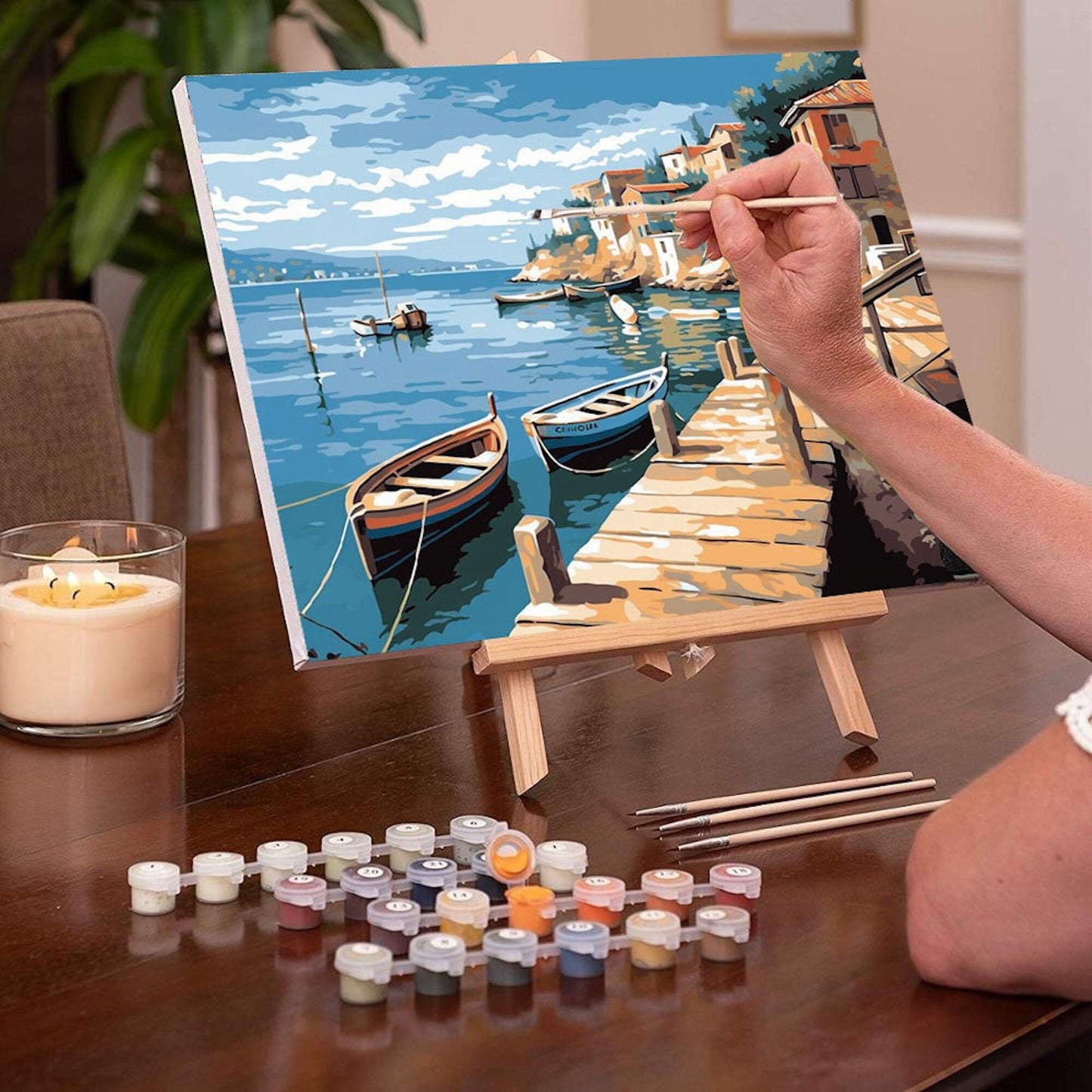 Seascape PAINT by NUMBER Kit for Adult , Rocky Cliff Village on Seashore ,Boat Scene, Easy Beginner Acrylic Painting Kit,Home Decor Gift