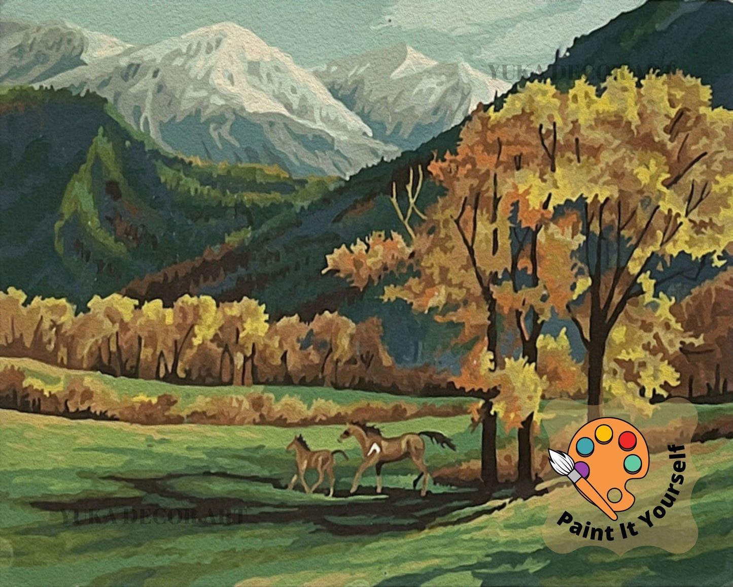 Mountain Landscape PAINT by NUMBER Kit  Adult , Galloping Horse In  Autumn Vintage Style DIY Easy Acrylic Paint Kit,Christmas Gift Idea