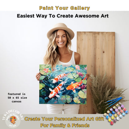Koi Fish PAINT by NUMBER Kit Adult Asian Tropical Plants Fish Pond Minimalist Zen Art Easy Beginner Oil Painting DIY Kit Gift For Mom Dad