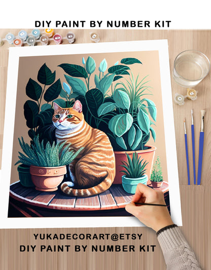 PAINT by NUMBER Adult Kit ,Golden Cat With House Plants ,Cat Illustration Poster, DIY Beginners Paint Kit ,Wall Decor ,Mom Grandmom Gift