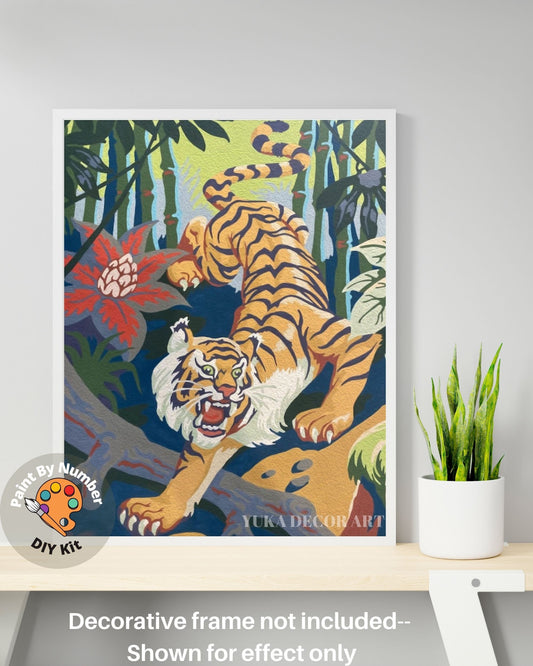 Tiger PAINT by NUMBER Kit  Adult , Mountain Forest Vintage Style DIY Art , Easy Acrylic Paint Kit,Wall Decor Gift