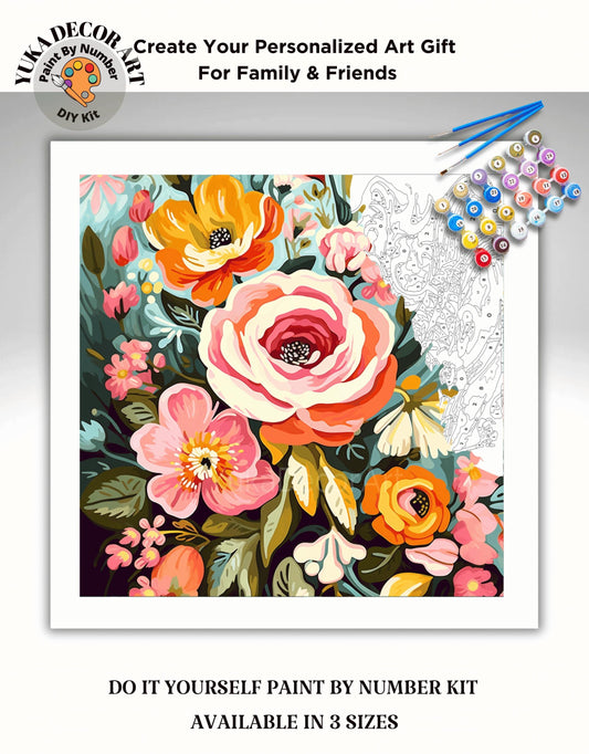 Vintage Flowers PAINT by NUMBER Kit for Adults , Garden Bouquet , Easy Beginners Acrylic Paint DIY Kit , Living Bedroom Wall Art Decor Gift