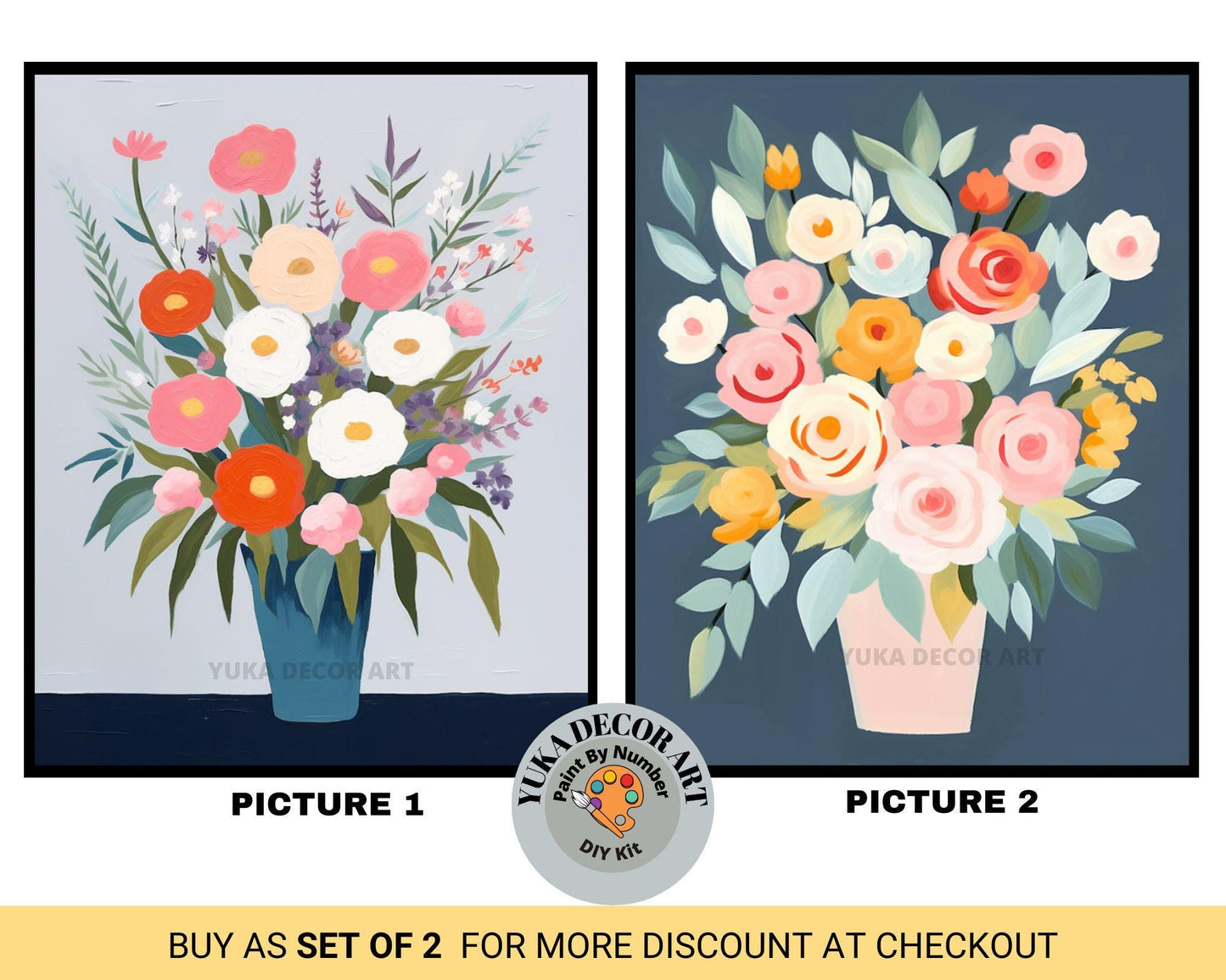 two paintings of flowers in vases on a wall
