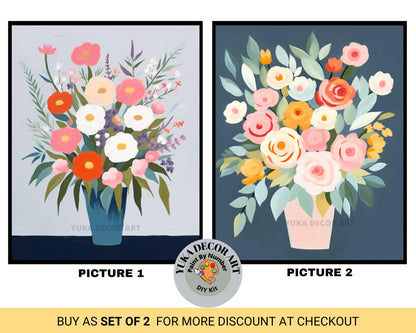 two paintings of flowers in vases on a wall