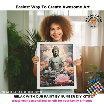 Easy PAINT by NUMBERS Kit For Adults Buddha Statue Pink Lotus Flower DIY Acrylic Paint Kit Zen Meditation Studio Wall Art Home Decor Gift