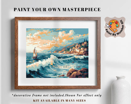 Seascape PAINT by NUMBER Kit for Adult , Rocky Cliff Village on Seashore ,Waves Beach scene, Beginner Acrylic Painting Kit,Home Decor Gift