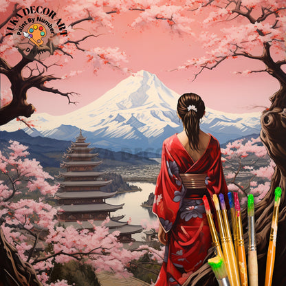 Japan PAINT by NUMBER Kit for Adults  Beginner DIY Art Kit Pink Cherry Blossoms Mount Fuji Acrylic Painting Wall Art Decor Gift For Mom Aunt