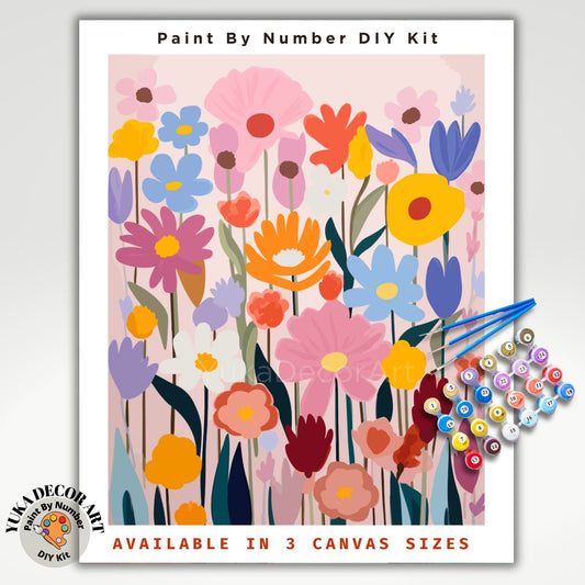 Modern PAINT by NUMBER Kit for Adults , Garden Wild Flowers Floral DIY Painting Colorful Easy Beginners Paint Hobby Kit Wall Decor Art Gift