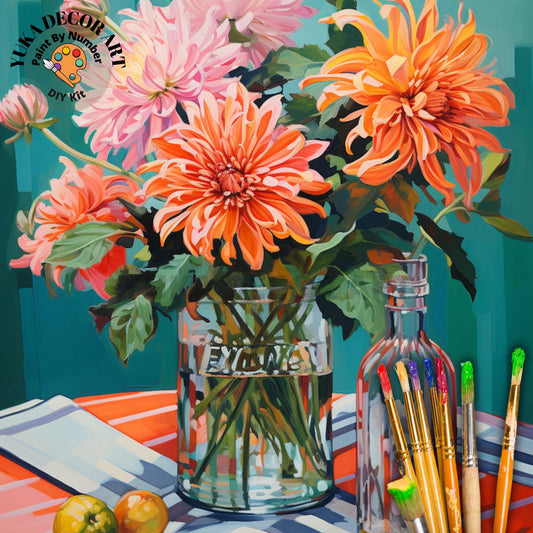Flowers DIY PAINT by NUMBERS Wall Art Decor Colorful Dahlia Floral Bouquet Vase Color By Number Floral Retro Beginner Adult Diy Painting Kit